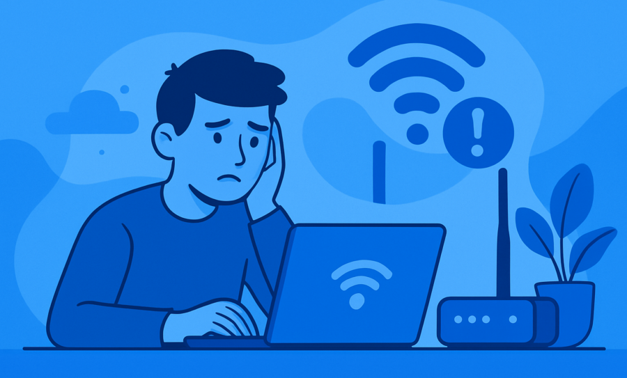 Visibly frustrated person thinking to themselves: 'Why is my WiFi not working?'