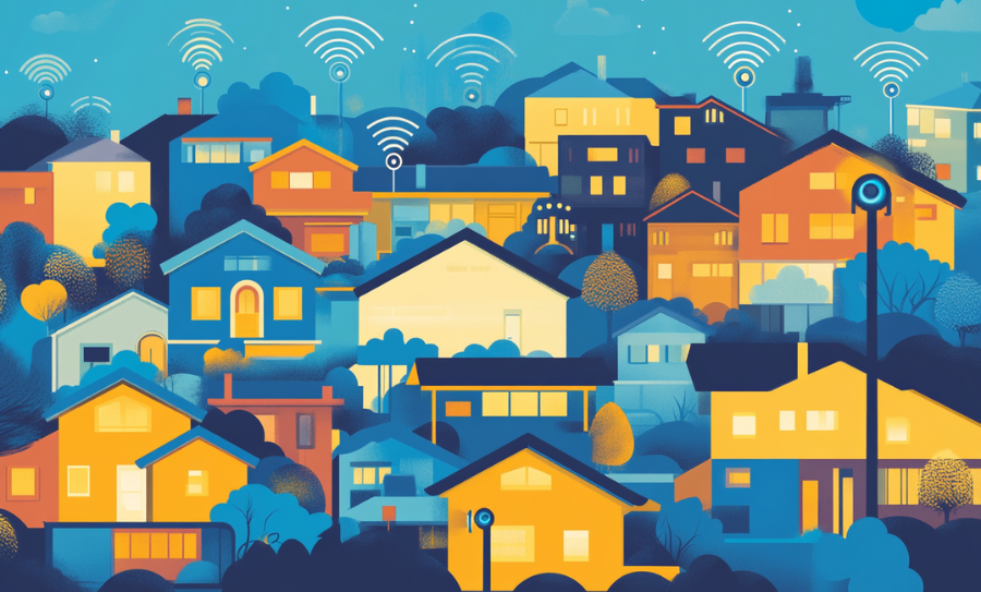 Neighborhood of homes and their interconnected networks.