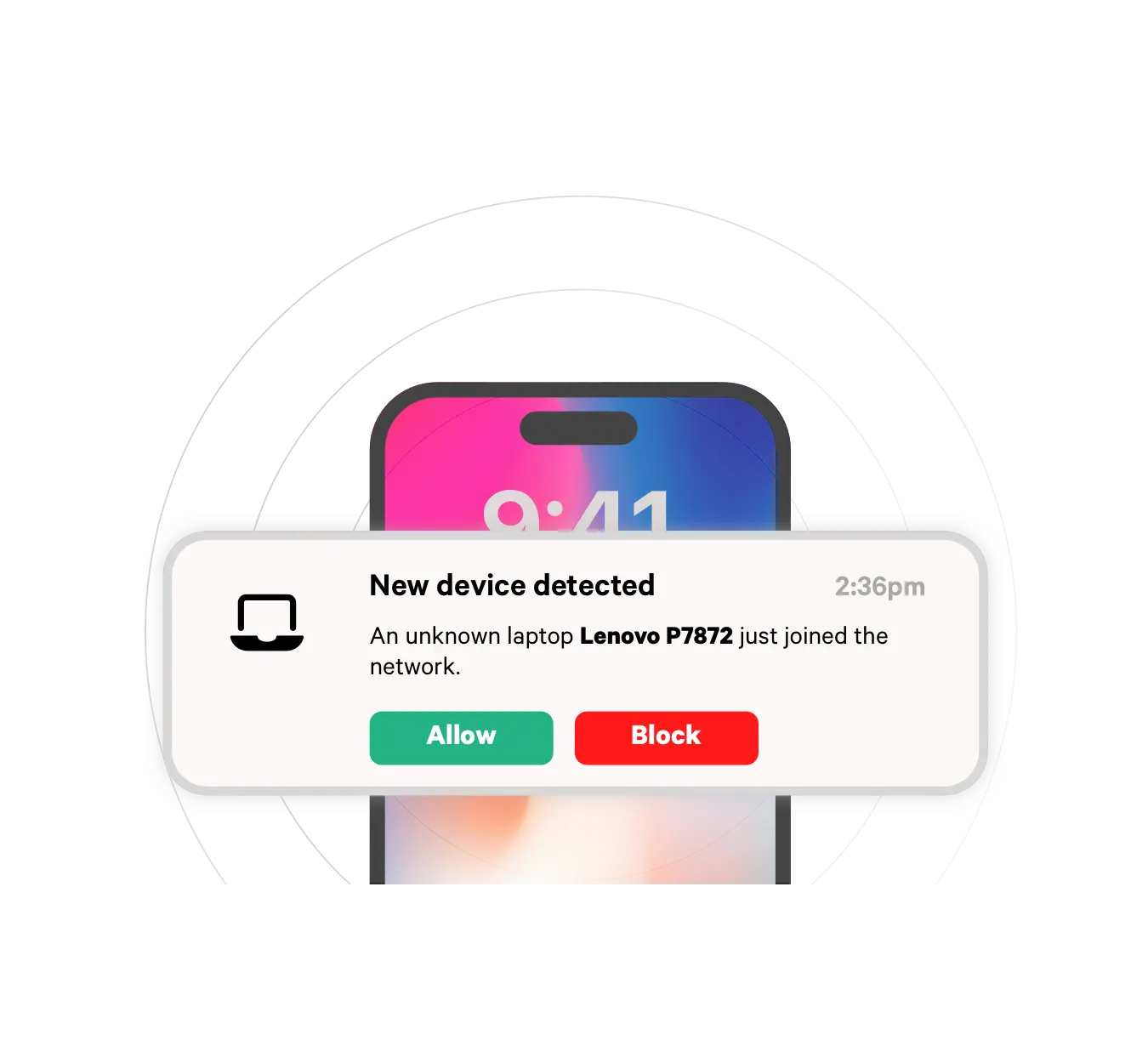 Fing mobile app showing notification about a device joining the network