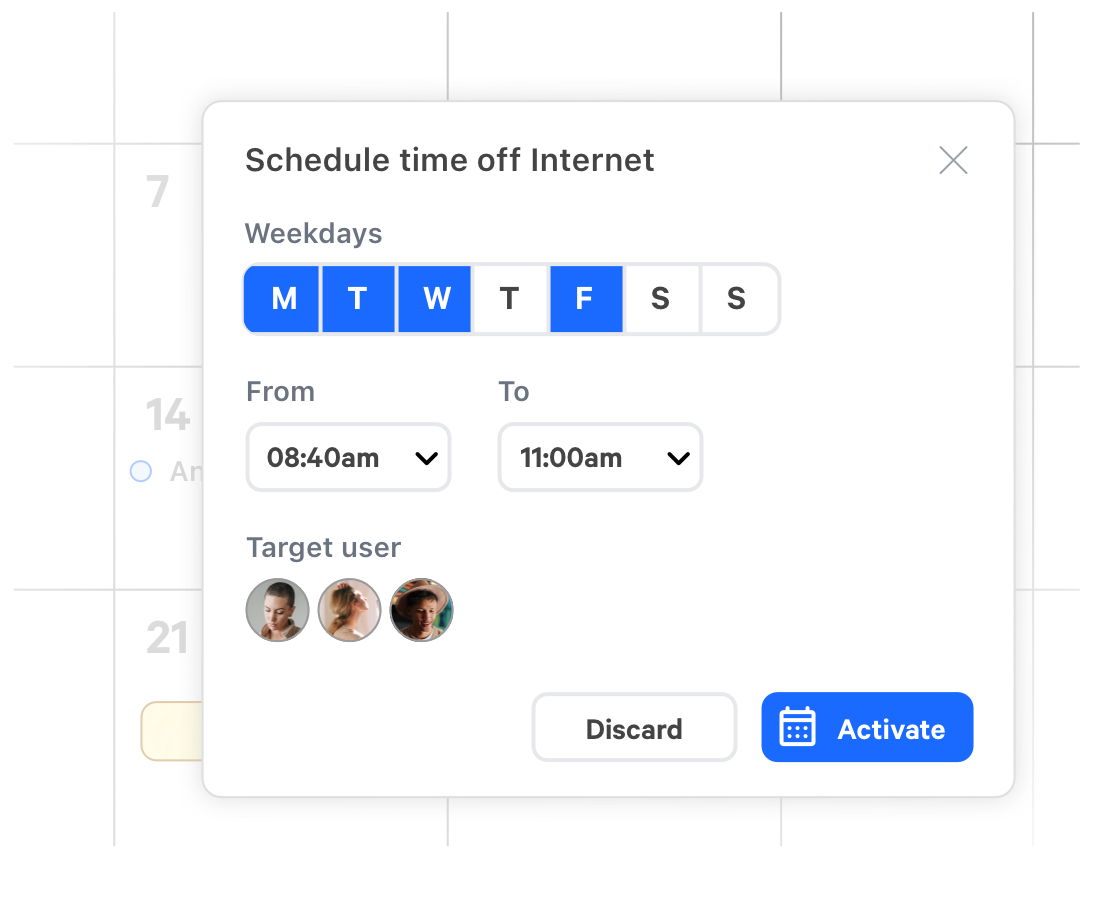 Design of an interface of an app allowing network control and user presence detection