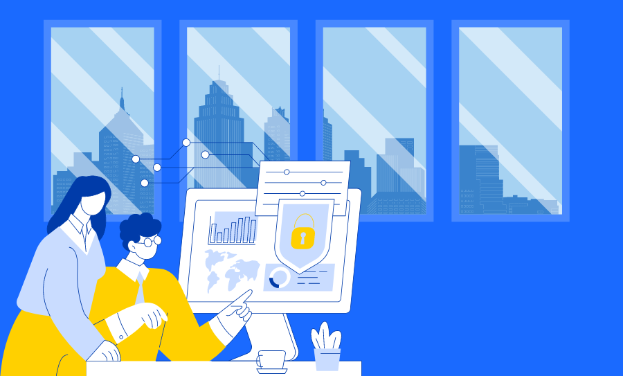 Graphic image showing colleagues working on network management.