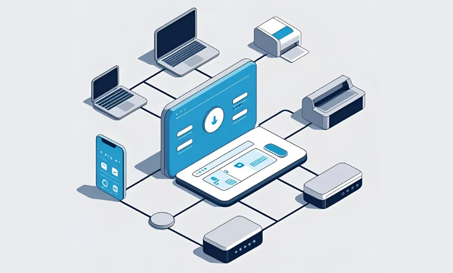 Stylized isometric illustration of a network inventory software for small businesses